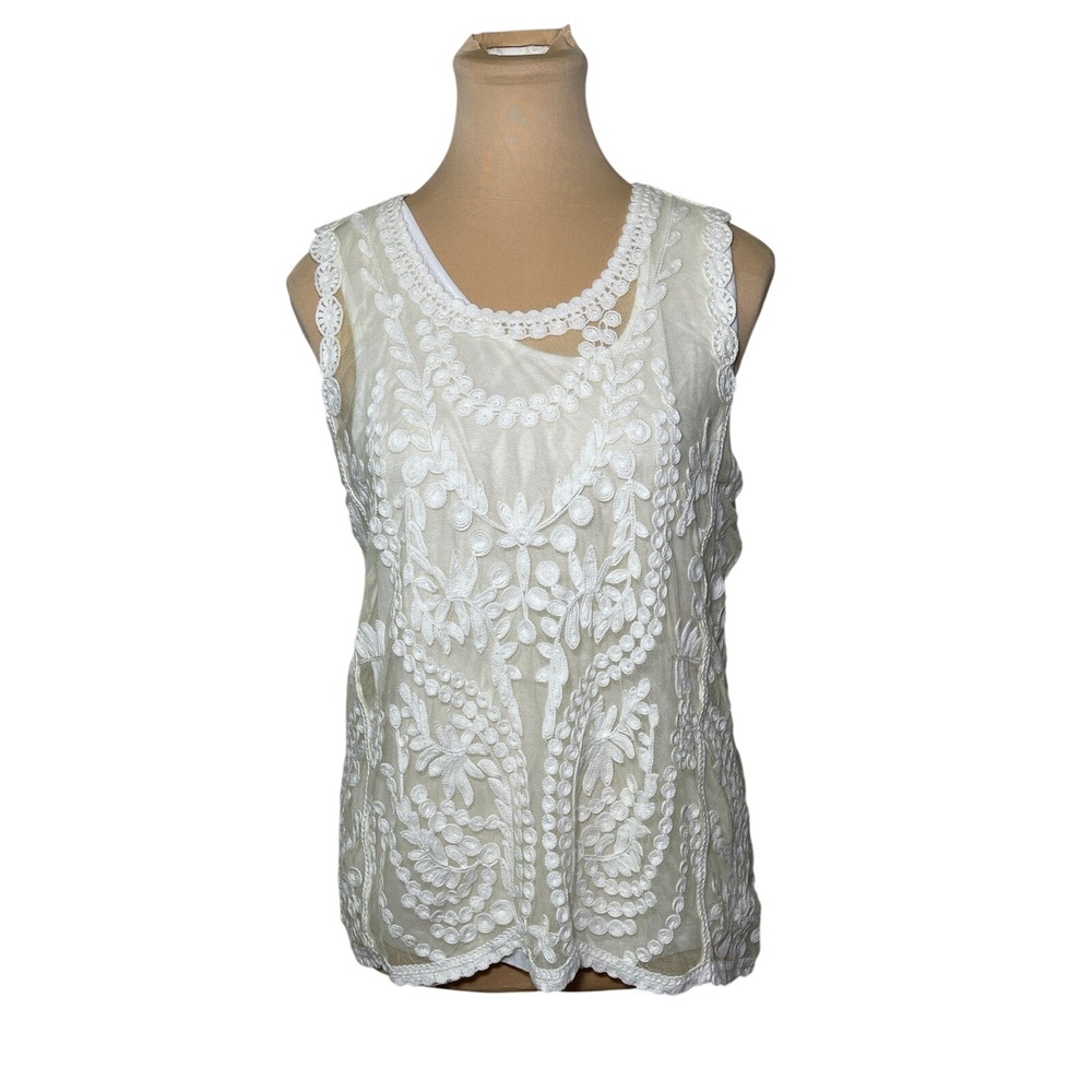 Tribal Jeans White Lace Embroidered Sleeveless Top‎ Boho Casual Fairycore M/M